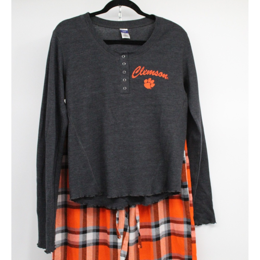 NWOT Clemson Tigers Pajama Set Womens Med Grey Henley Orange & Gray Plaid Pants